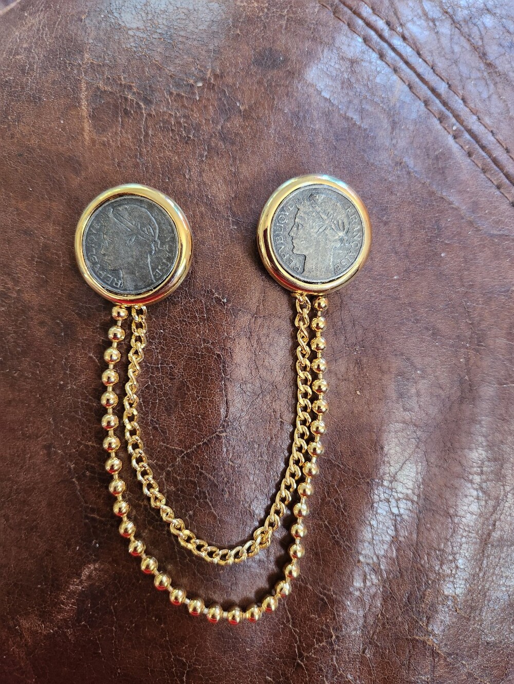Vintage Gold Double-Button Chain Brooch With French Coins